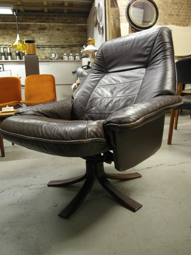 Vintage Scandinavian Brown Leather Reclining Swivel Chair £295 SOLD